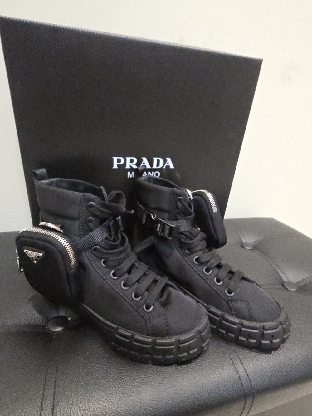 Prada Black Women's High-Top Platform Lace-Up Boots with Detachable Pouch 6